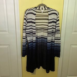 Chicos Linen Blue and White Striped Long Cardigan